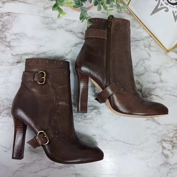 Leon Max Leather Bootie Stacked Heel Dark Brown women's size 7.5 - Picture 4 of 10